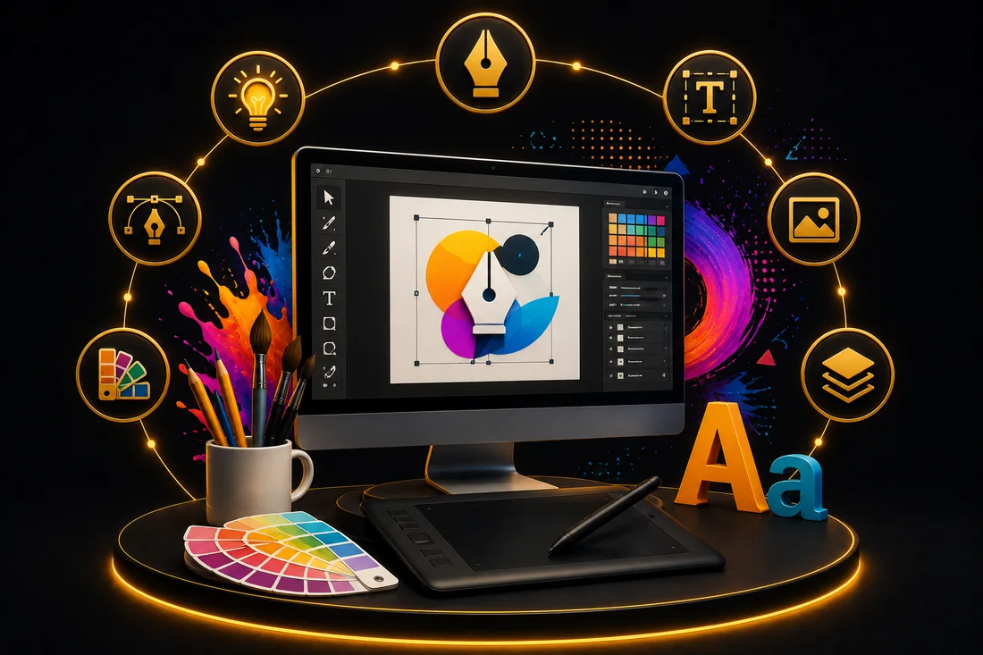 Graphic design workspace with colour palettes, pen tool and typography
