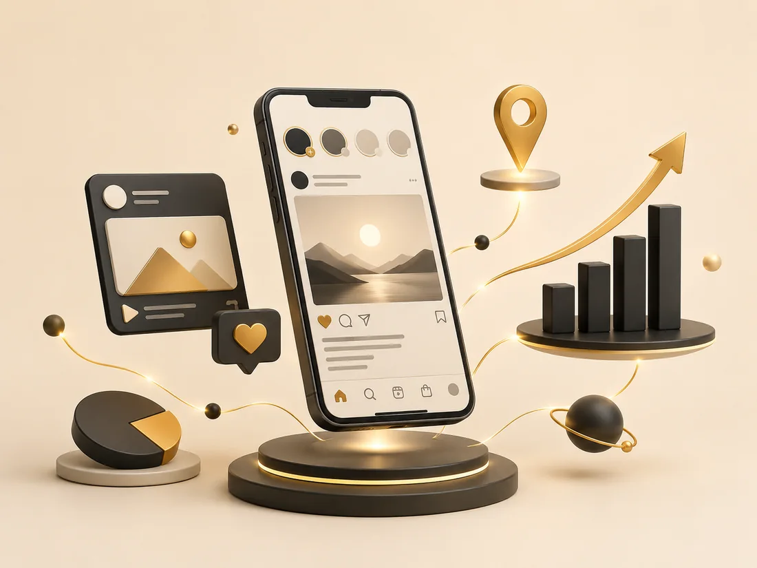 Digital marketing and growth cluster — analytics dashboards and campaign devices in gold